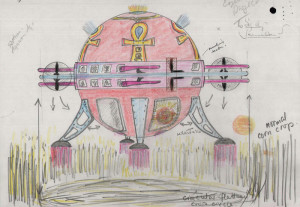Sketch of a "spaceship" creating crop circles, sent to UK Ministry of Defence circa 1998.