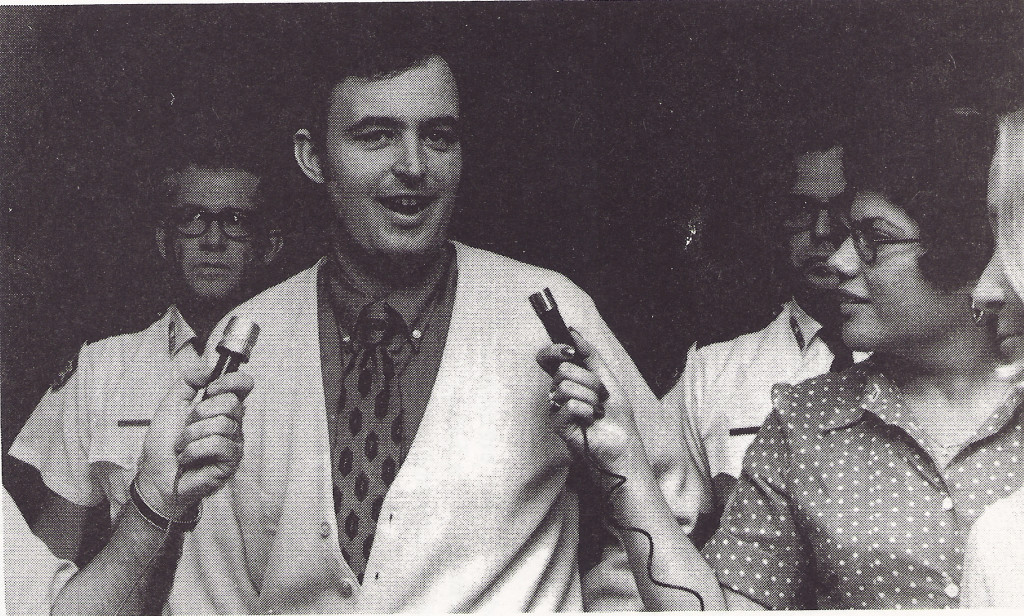 Schaefer gives an animated interview to reporters during his trial. UPI/BETTMANN