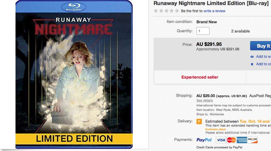 Runaway Nightmare Blu ray now selling in the $250 range.